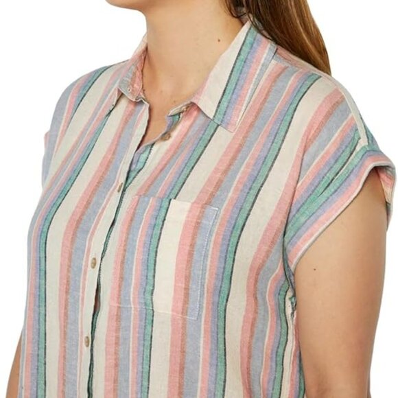 NEW Orvis Short Sleeve Rolled Cuffed Tacked Stripes Front Linen Blend Shirt 6 8 - Picture 4 of 4